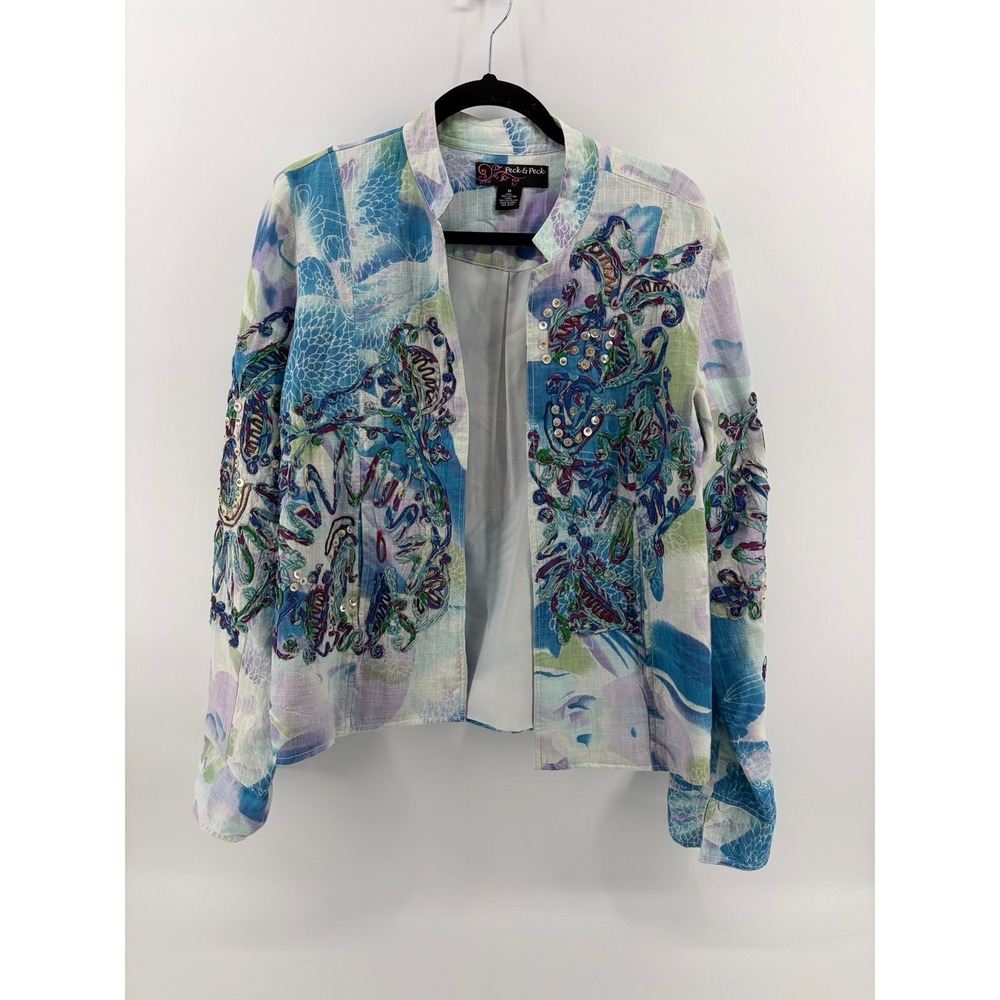 Peck & Peck, Embroidered Blazer/Jacket, Cotton, Watercolor Print, Size M